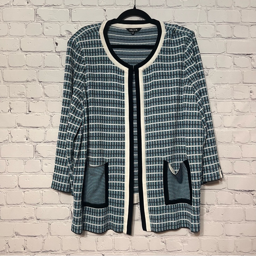 Misook Knit Open Front Jacket Blue White Black Patterned Cardigan Pockets Sz 2X - Picture 1 of 7